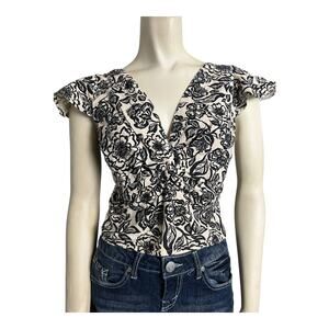 Midnight Sky Floral Linen Rayon Blouse Top Shirt Boho L Large Flutter Sleeve